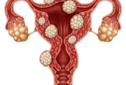 A medical drawing of uterine fibroids in and around the uterus.
