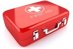 3d image of red first aid box against white background